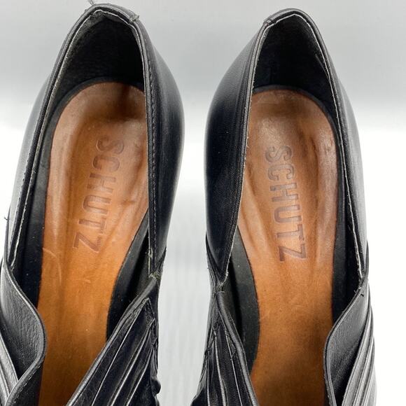 Schutz Women Black Leather Pleated Peep Toe Stiletto Platform Heeled Booties 10B - Picture 6 of 9